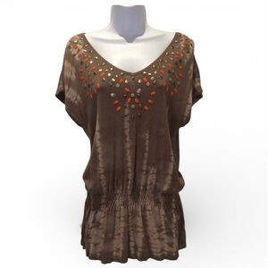 Cache XL Studded V-Neck Peplum Top Brown Tie Dye Short Sleeve